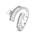 Dual Butterfly Baguette CZ Wrap Open Adjustable Ring For Women, Copper Plated Silver Twisted Split Band Dainty Wedding Party Stackable Jewelry Gift